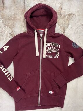 Superdry Track & Field Maroon Men’s Full- Zip Hoodie with Athletic Graphics